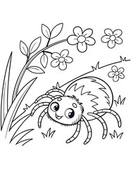 Majestic spiders in a Blooming Flower Field Coloring Page, Black Vector Illustration