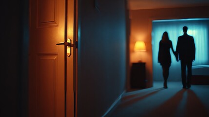 Couple holding hands walking in hotel room at night