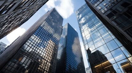 Naklejka premium Low angle view of three modern skyscrapers reflecting blue sky and clouds, showcasing architectural details and glass facades in a city setting. : Generative AI