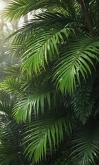 Deep green palm leaves, rich texture, sunlight highlights, vibrant, exotic, greenery