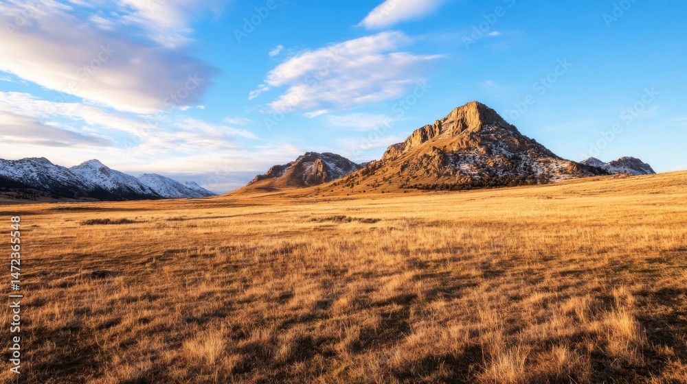 Poster golden hour sunlight illuminates a vast, dry grassland with snow-capped mountains and rugged rock fo