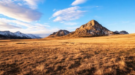 Golden hour sunlight illuminates a vast, dry grassland with snow-capped mountains and rugged rock formations in the background, creating a dramatic landscape. : Generative AI