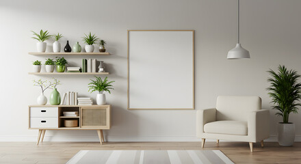 Fototapeta premium Modern Living Room Interior with Blank Light Wood Framed Poster Mockup.