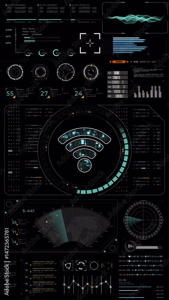 Wall mural motion graphic of blue digital wifi logo with head up display (hud ui) panel and futuristic technolo