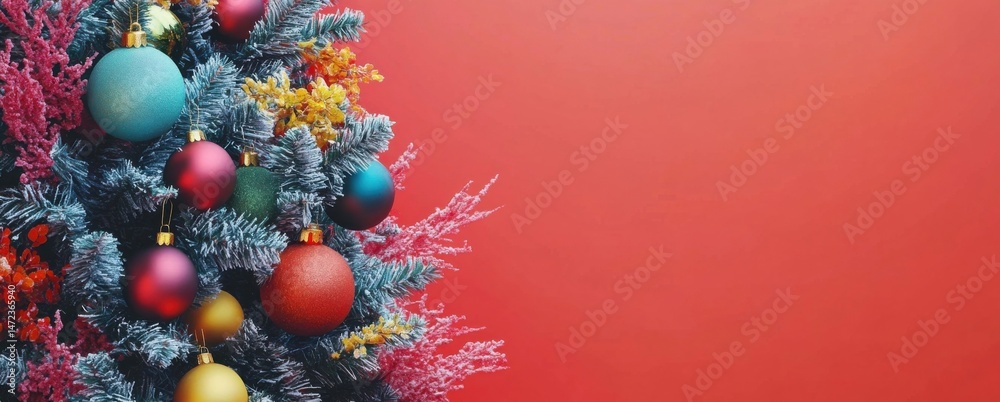 Poster A partially visible snow-frosted Christmas tree adorned with colorful ornaments stands against a vibrant red backdrop, creating a festive holiday scene. : Generative AI