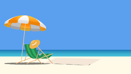 Relaxing beach scene with a striped umbrella, beach chair, and sun hat on the sand under a clear blue sky and calm turquoise water. 