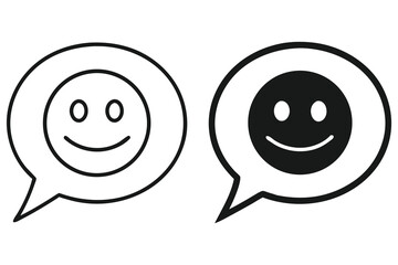 Two speech bubbles display a smiley face icon with positive expressions in black and white