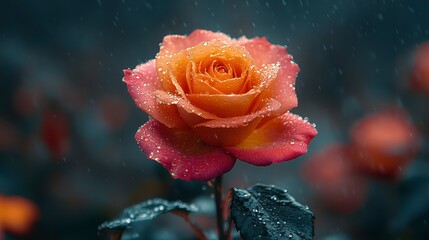 Orange rose glistening, droplets clinging to its petals against blurry background