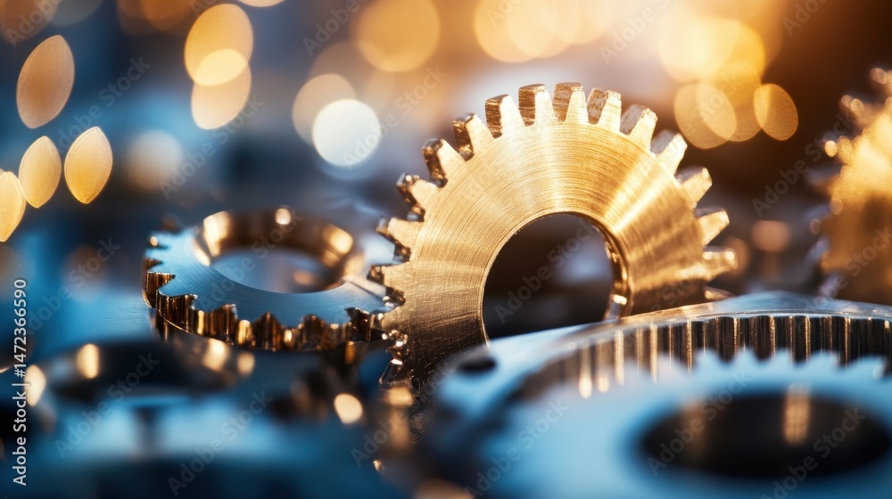 Poster close-up of golden brass gears interlocked, reflecting warm bokeh lights, suggesting precision engin
