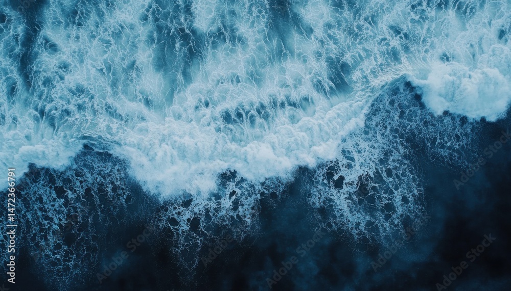 Aufkleber aerial view of powerful ocean waves crashing, creating a dramatic texture of white foam against deep