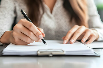 Woman Writing with Pen on Blank Paper in Modern Office Environment