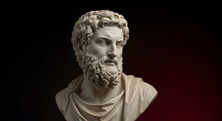 Detailed White Stone Sculpture Bust Against Gradient Dark Red Backdrop Studio Shot