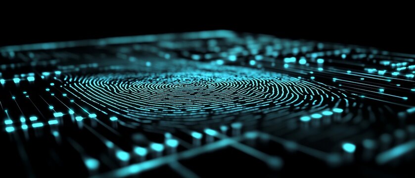 Digital fingerprint embedded in a circuit board, glowing teal, dark background - Powered by Adobe