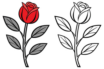 A stylized rose with gray leaves is shown alongside a monochrome outline version