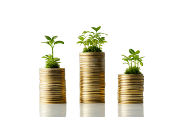 Stacks of Coins with Growing Plants Symbolizing Financial Growth