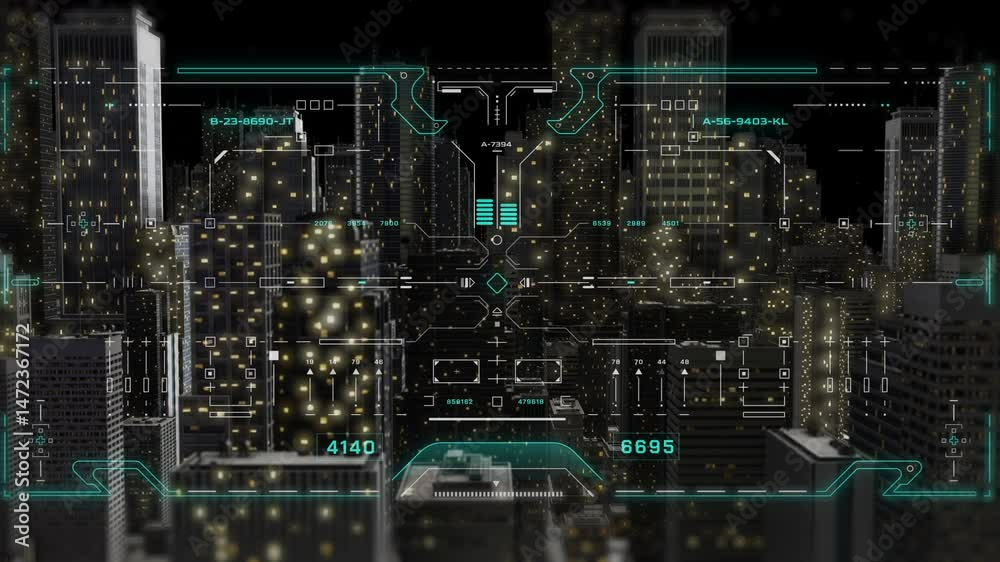 Poster HUD Technology Monitoring Aerial View Screen System. Drone Data Analysis Fly Through 3D Building In Night Time 4K Motion.