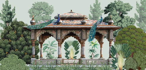 Mughal garden, arch, peacock, plant botanical landscape illustration. Trend mural wallpaper design, landscape illustration © Sharif