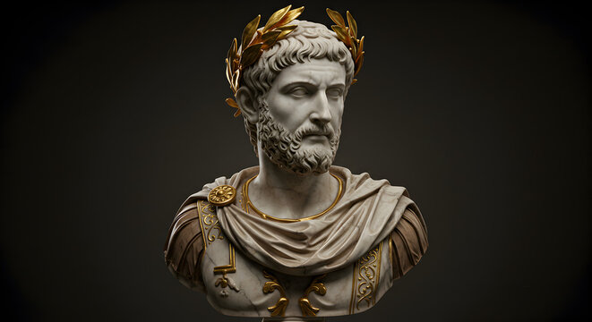 Digitally Rendered Bust of Bearded Man Wearing Laurel Wreath and Toga with Gold Trim on Gray Background - Powered by Adobe