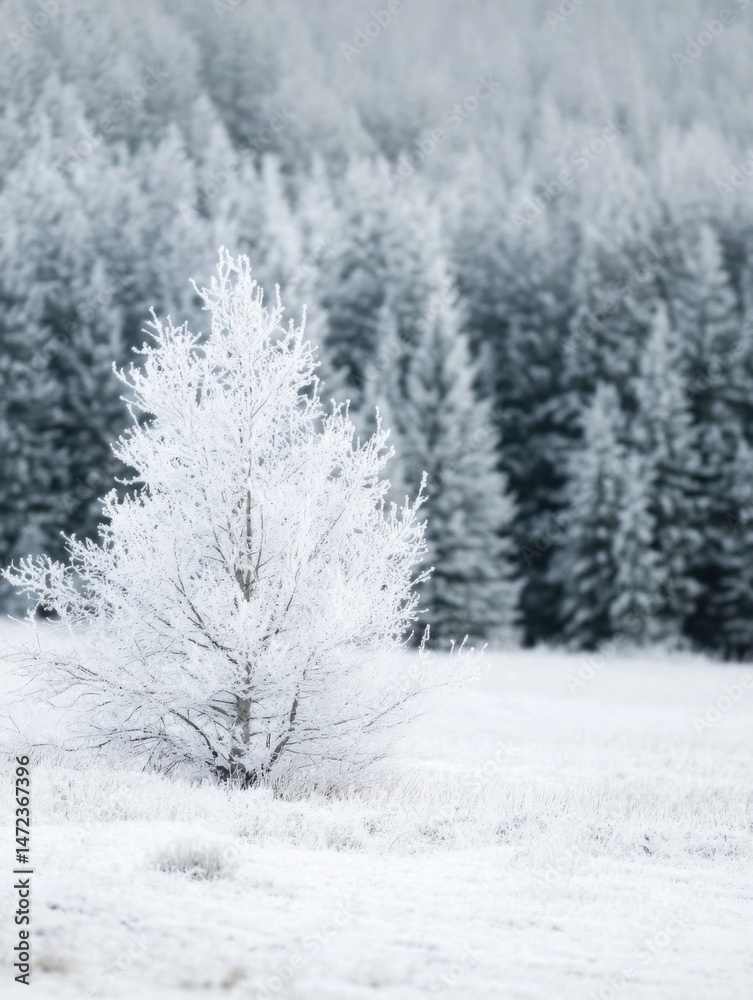 Poster a single frost-covered tree stands in a snowy field, with a background of a blurred winter forest. t