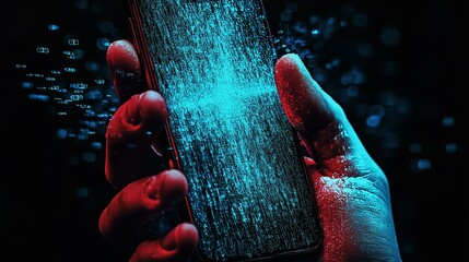 Digital Data Flow on a Smartphone Held in Red and Blue Illuminated Hands

