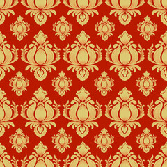 Damask seamless pattern with gold flowers and red background, vintage design, luxury style, vector illustration elegant for textile, wall paper, curtains, cushion cover, rug, upholstery fabric, scarf