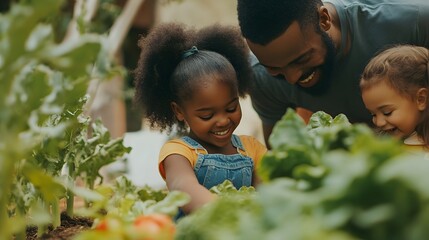 Family working together in a home garden to grow vegetables