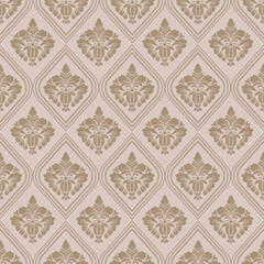 seamless damask pattern, brown floral ornament and cream background, vector illustration elegant for textile, wall paper, curtains, cushion cover, rug, upholstery fabric, scarf, vintage design