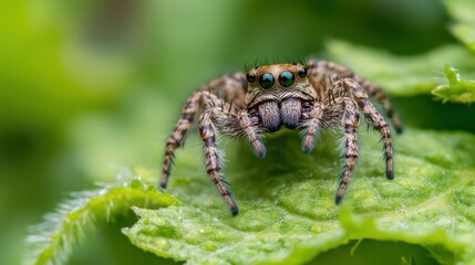 Fototapeta premium Close-up view of a jumping spider with vibrant green eyes perched on a lush green leaf, showcasing its intricate details and hairy legs. : Generative AI