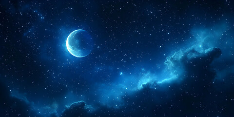 Night Sky with Moon and Stars in Deep Blue Atmosphere
