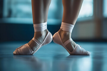 Graceful Dance Pose of Ballerina in Soft Pink Shoes and Ribbons