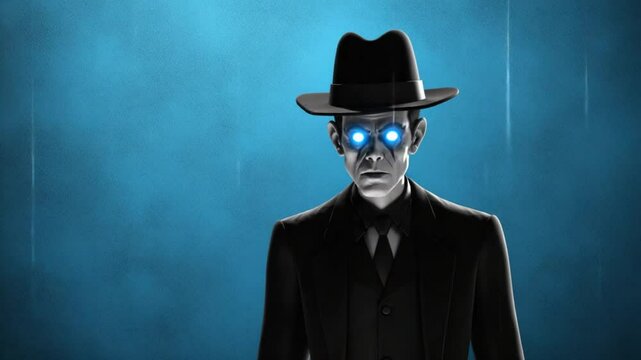 Intense, shadowy figure in dark suit and hat.  Glowing, bright blue eyes.  Serious, ominous presence against a backdrop of  subtle light