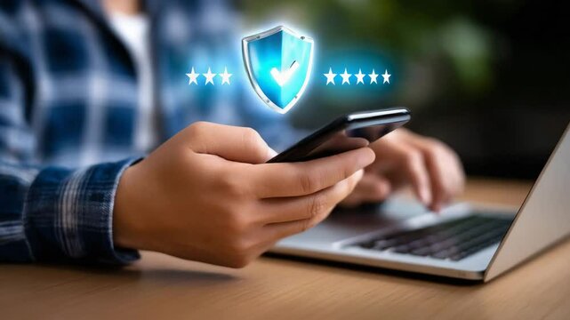 A person using a smartphone while working on a laptop, symbolizing digital security.
