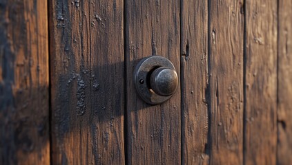 Fototapeta premium Aged wooden door with a metal knob. Close-up view of weathered wood planks and a dark metal door knob