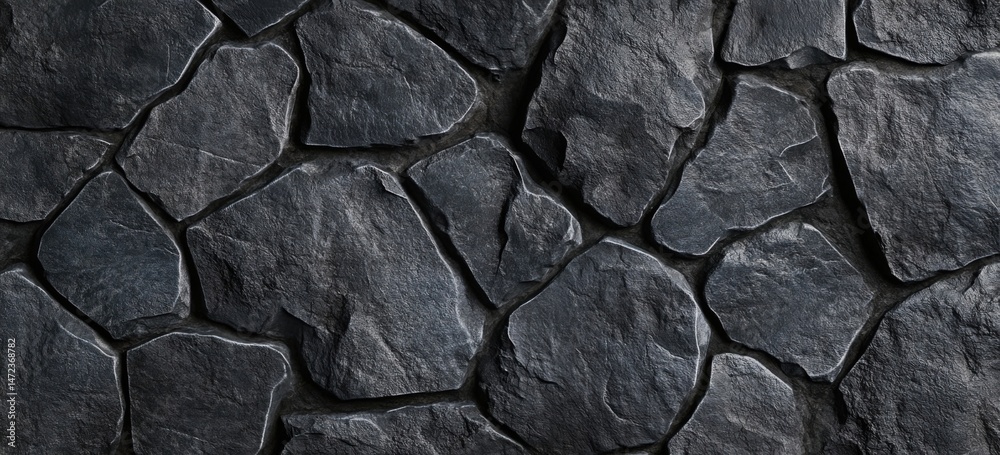 Poster dark gray stone wall texture, irregular shaped rocks, seamless pattern, rough surface, natural mater