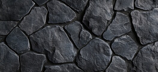 Fototapeta premium Dark gray stone wall texture, irregular shaped rocks, seamless pattern, rough surface, natural material, building facade, medieval architecture, gothic style, background image. : Generative AI