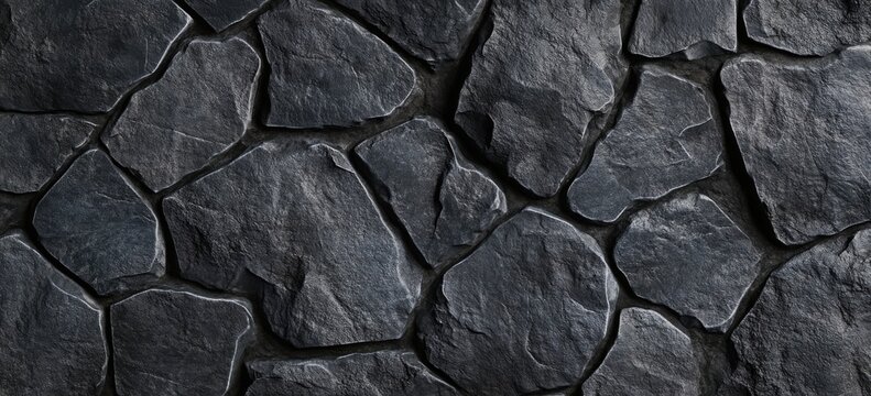 Dark gray stone wall texture, irregular shaped rocks, seamless pattern, rough surface, natural material, building facade, medieval architecture, gothic style, background image. : Generative AI