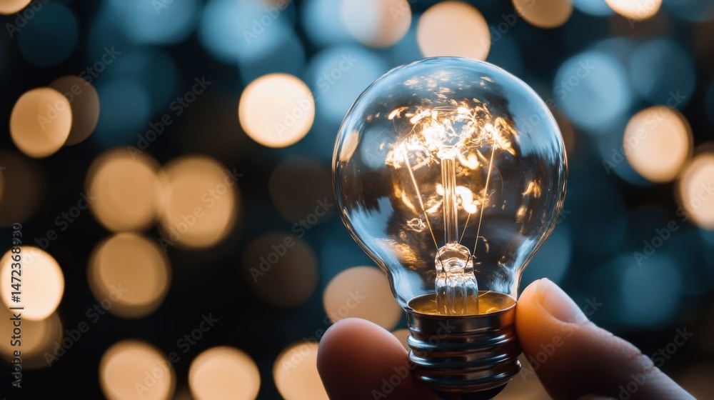 Poster closeup of a hand holding a glowing incandescent light bulb against a bokeh background of warm and c