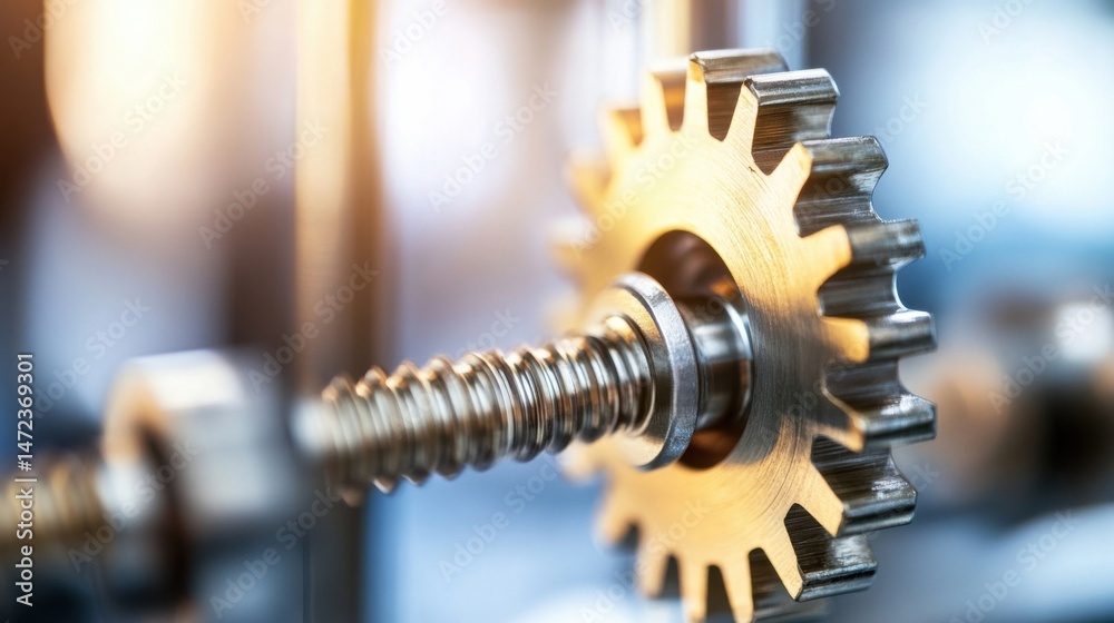 Aufkleber close-up of a metallic gear and screw mechanism, showcasing intricate details and precision engineer
