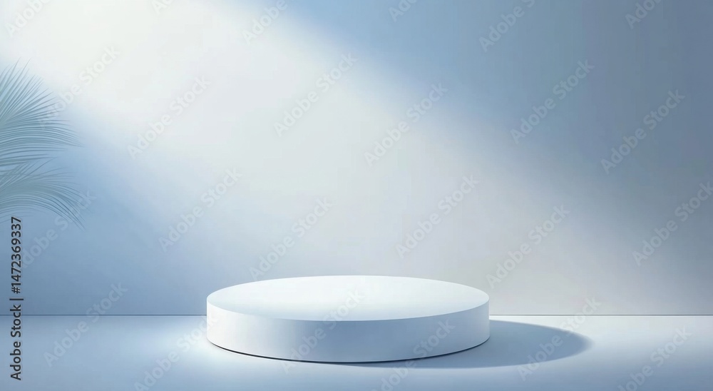 Poster minimalist product display scene featuring a white cylindrical pedestal against a light blue wall, i