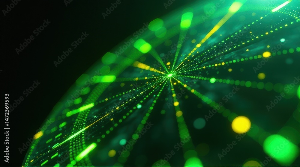 Wall mural dynamic green digital sphere with glowing lines and dots on dark background.