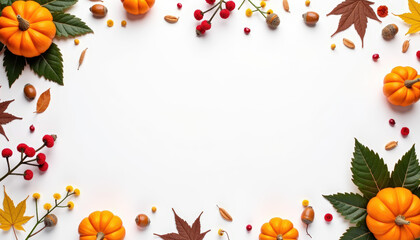 Fototapeta premium Flat Lay Autumn Composition with Mini Pumpkins, Leaves & Red Berries on Clean White Background