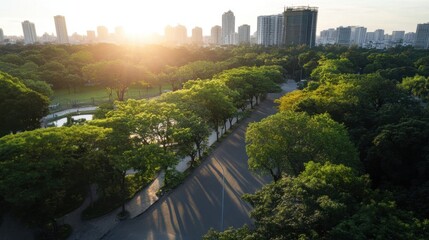 Fototapeta premium Aerial view of a city park at sunset, showcasing lush green trees lining a paved road, with modern high-rise buildings in the background. : Generative AI