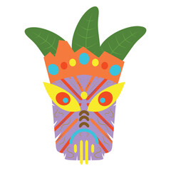 Tiki mask illustration. Tribal wooden mask totem in hawaiian style. Tribal tiki idol head.