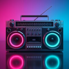 Fototapeta premium Retro Neon Boombox with Glowing Speakers on Reflective Surface - 1980s Synthwave Style