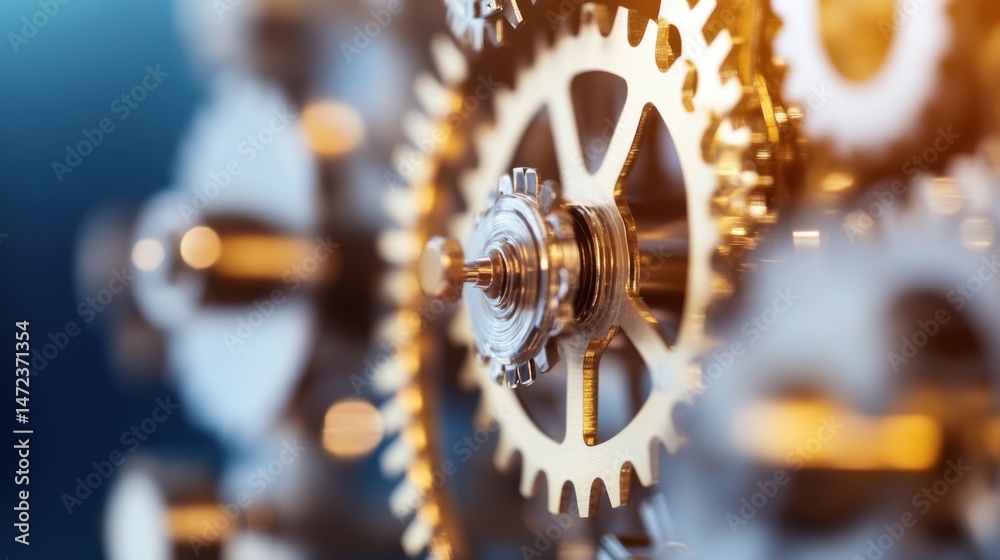 Poster Close-up view of intricate metallic gears intermeshing, showcasing precision engineering and complex mechanics.  The golden hues highlight the detailed craftsmanship of the clockwork m : Generative AI