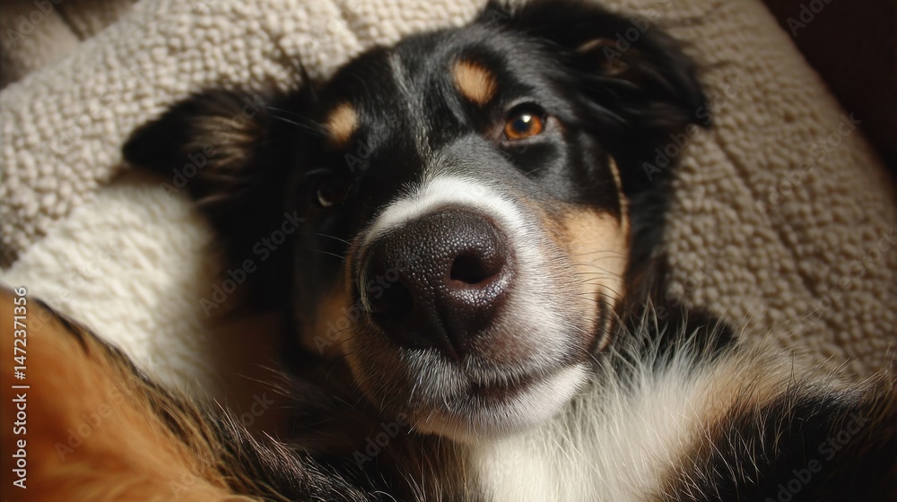 Poster close-up portrait of a tri-color australian shepherd dog resting on a beige fleece blanket, showcasi