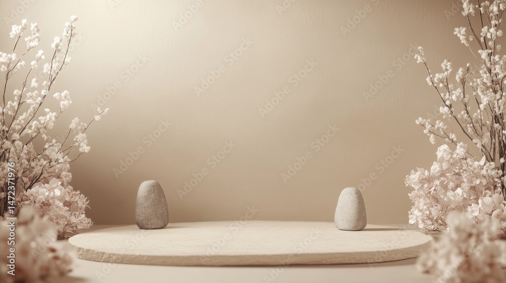 Poster elegant beige minimalist scene with two grey stones on a round platform, flanked by delicate dried f