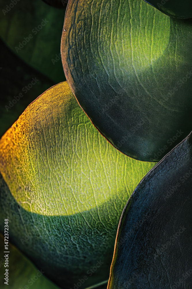 Poster close-up view of overlapping succulent leaves, showcasing vibrant green and dark teal hues illuminat