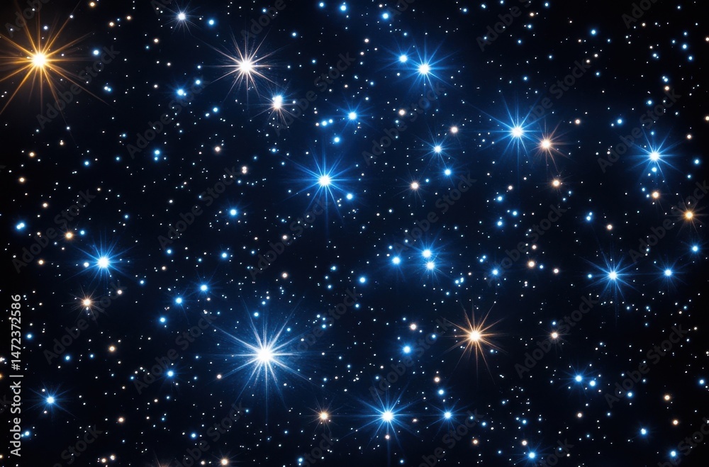 Poster A mesmerizing cosmic scene featuring numerous stars of varying brightness and color, creating a stunning display of celestial brilliance across a dark, deep blue night sky. : Generative AI