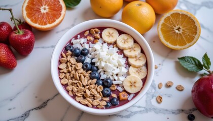 Fototapeta premium Colorful smoothie bowl with fruits and granola toppings.